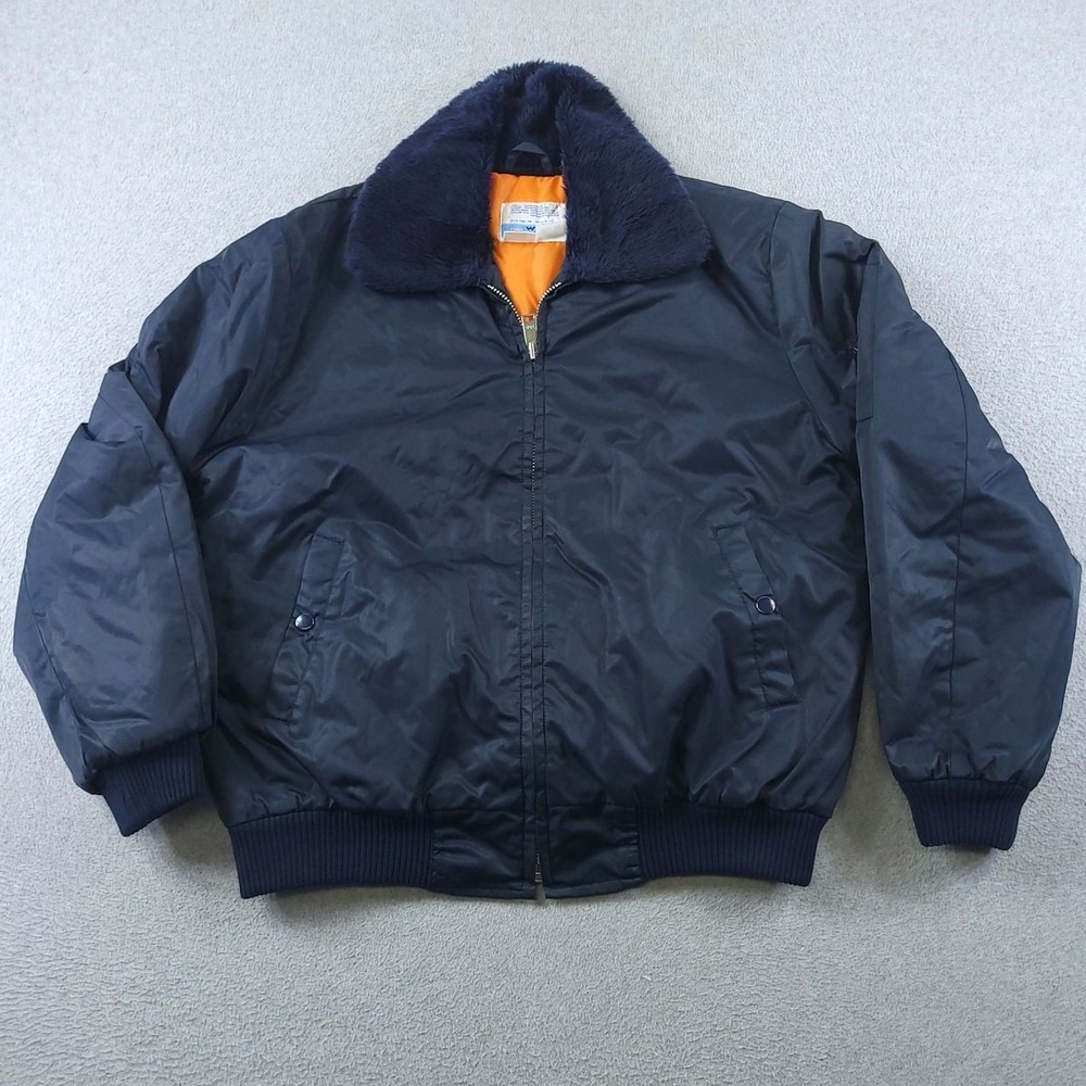 Vintage Sears Work Leisure Bomber Jacket Navy Blue Flight Jacket Orange L 42-44